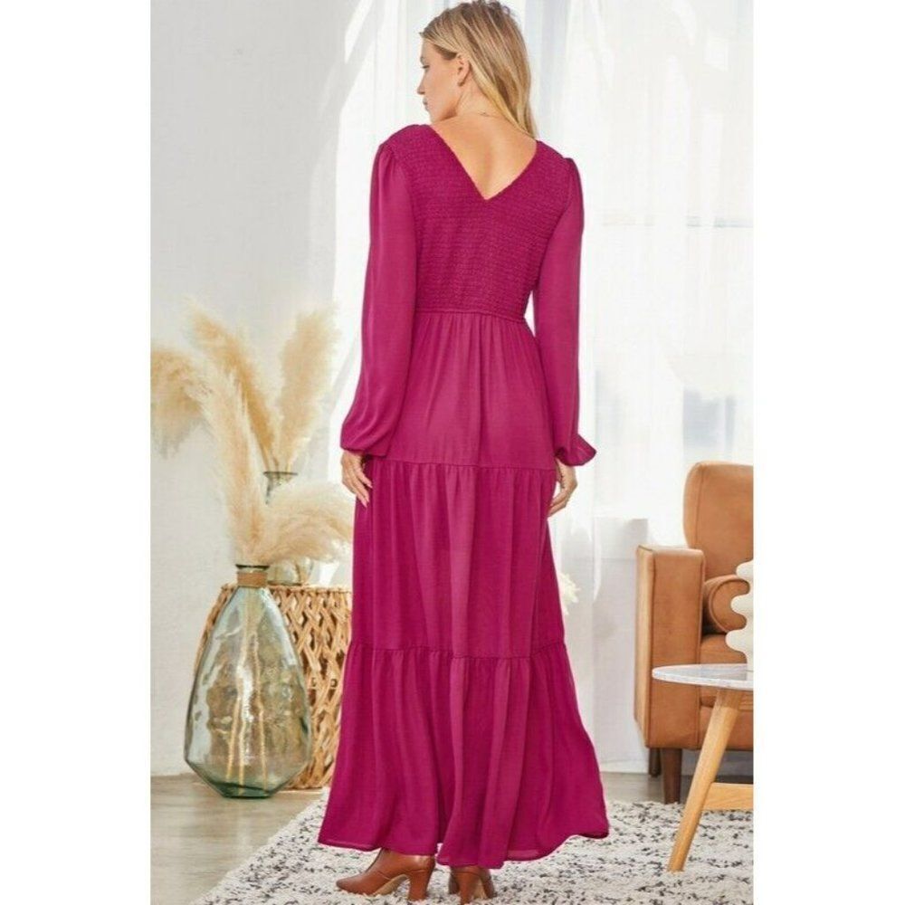 ANDREE BY UNIT Magenta V-Neck Long Sleeve Tiered Maxi Dress - Picture 6 of 6